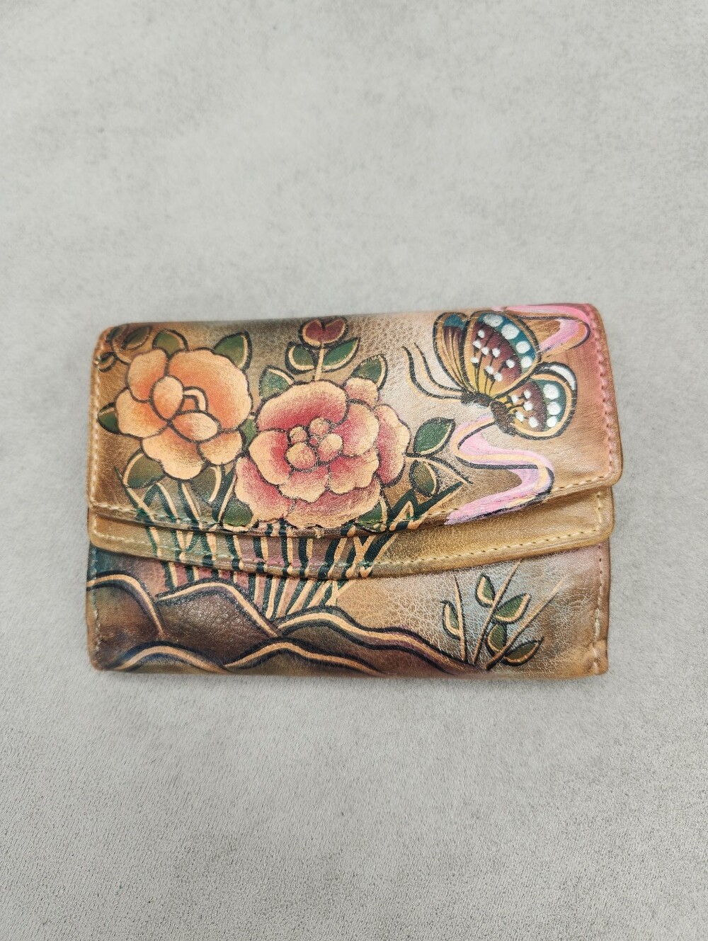 Anuschka Double Sided Wallet Small Tan Leather Floral Butterfly Handpainted